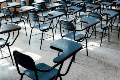 School & Modern Education Rows of empty desks in a bright Buenos Aires classroom, symbolizing education and learning environment.