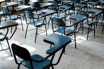 School & Modern Education Rows of empty desks in a bright Buenos Aires classroom, symbolizing education and learning environment.